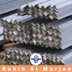 stack of various sizes of ms angle bars in a warehouse